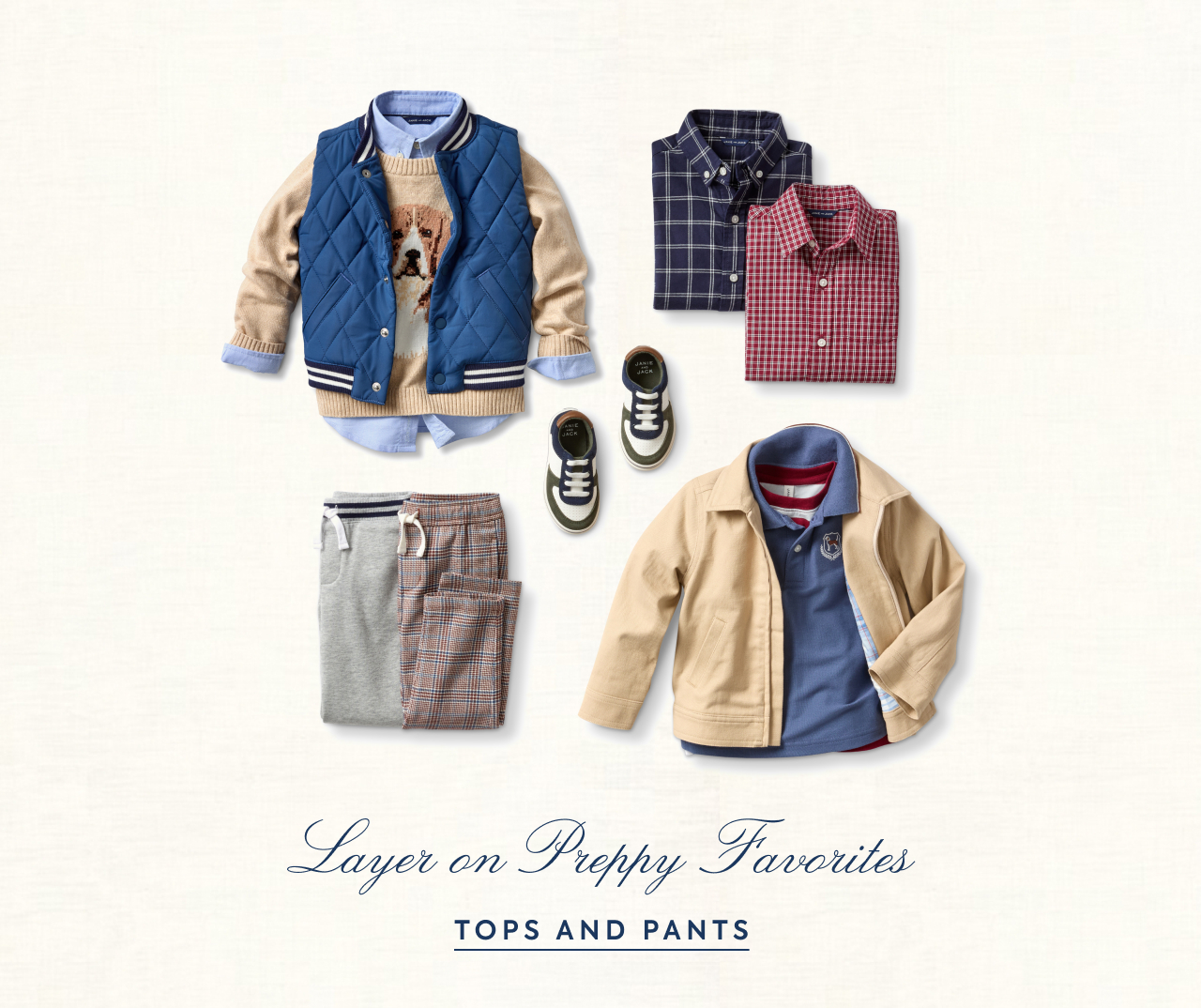 Layer on preppy favorites. Shop tops and pants.