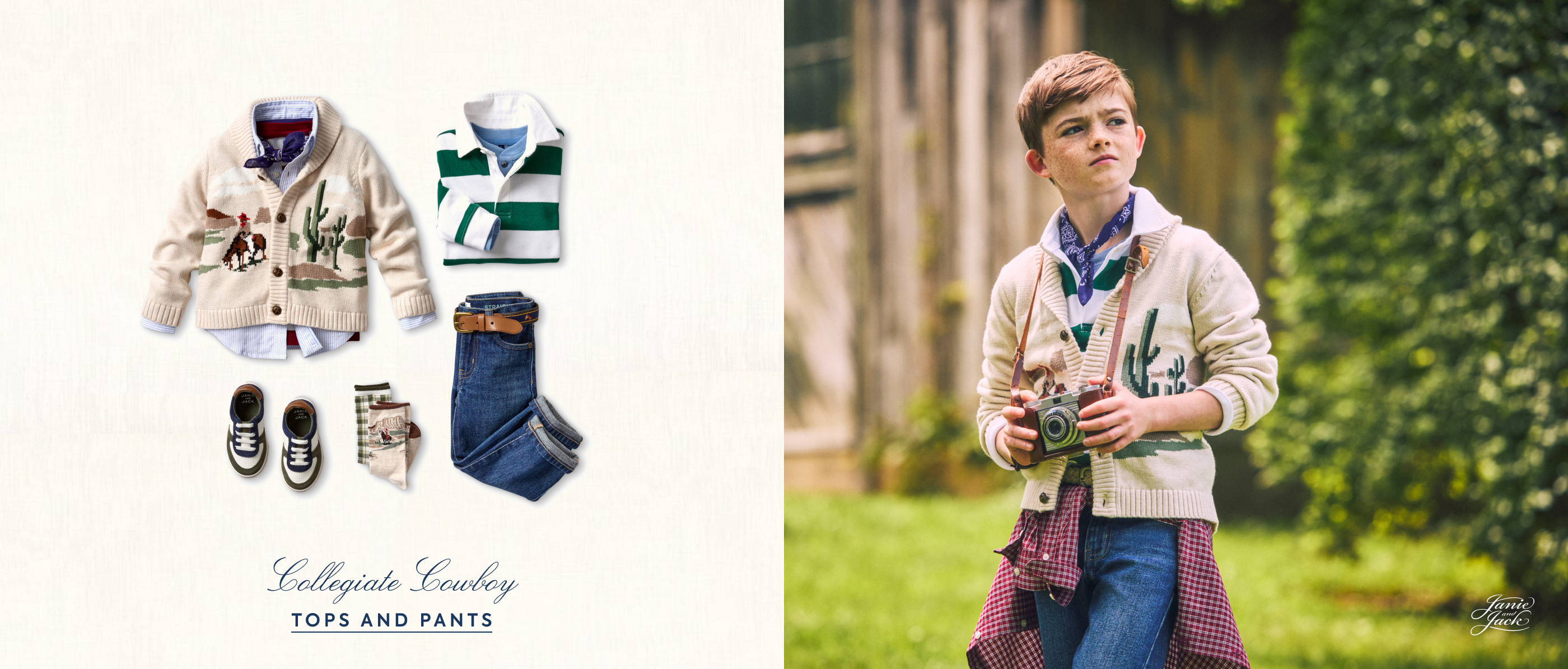 Collegiate Cowboy. Shop tops and pants.