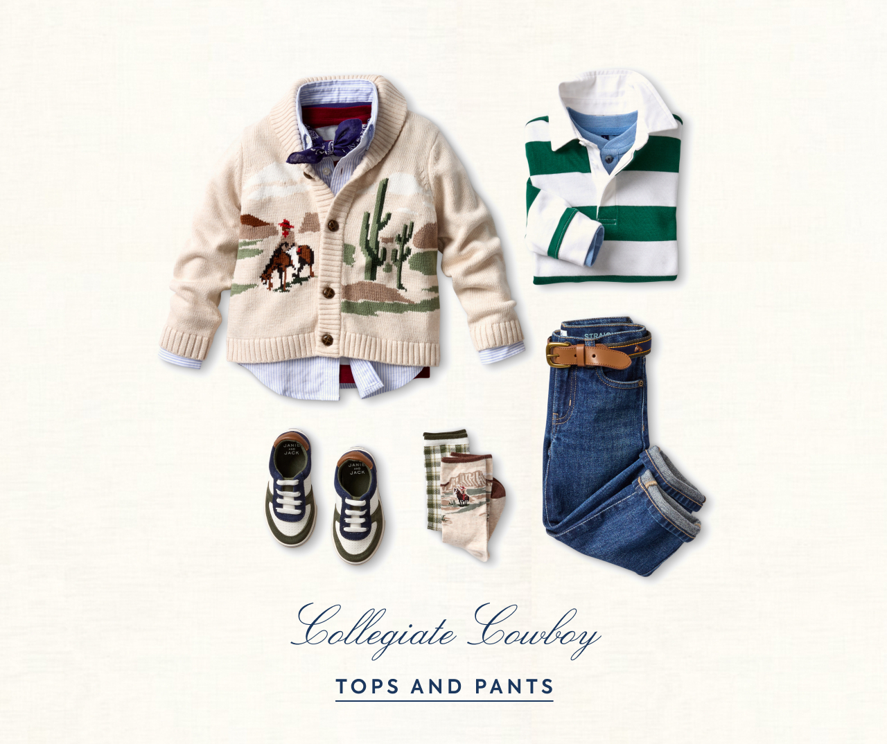Collegiate Cowboy. Shop tops and pants.